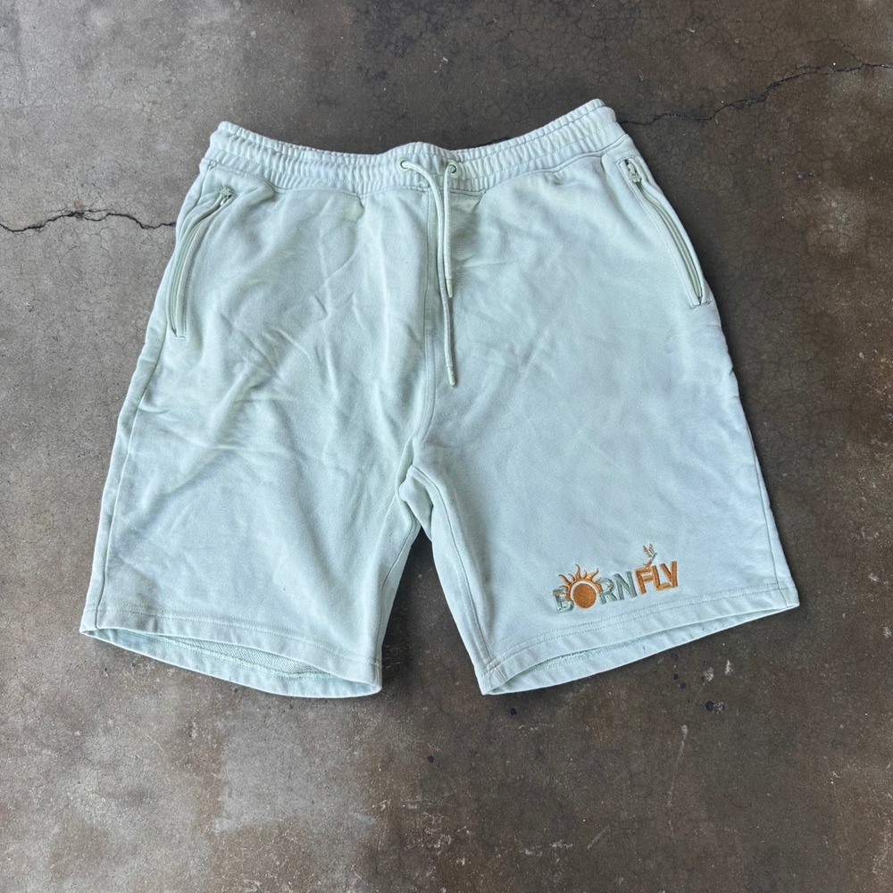 Born Fly Sweat Shorts Mens XL Green Excellent Embroidered Logo Zipper Pockets